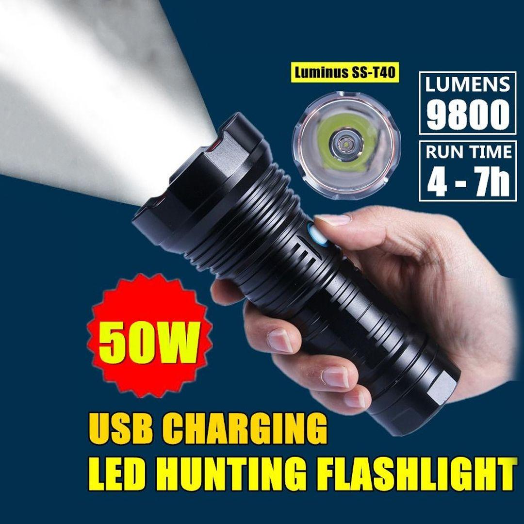 مصباح يدوي فائق السطوع Luminus SST40 LED بقوة 50 واط مع 5 أوضاع للاضاءة وقابل للشحن من خلال USB