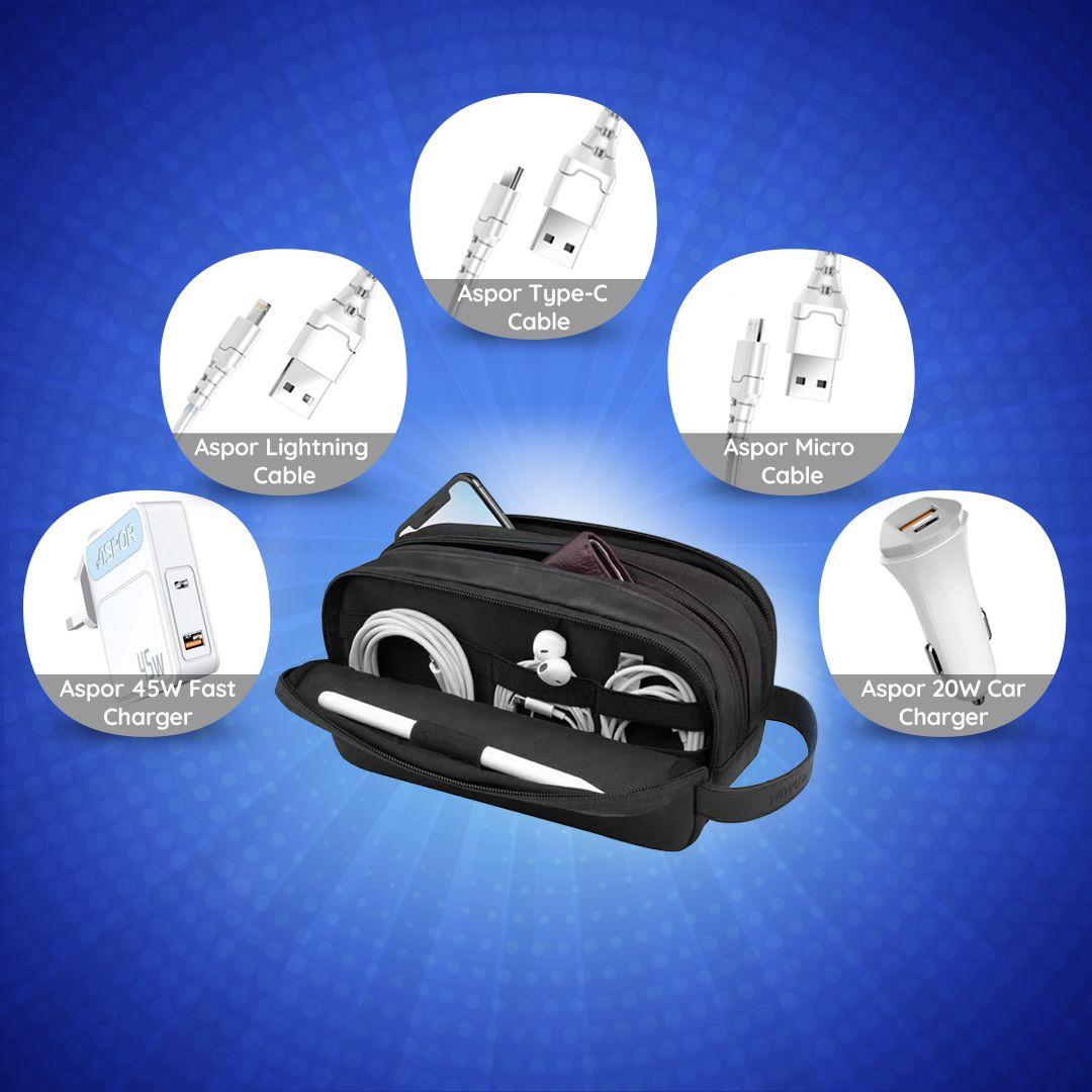 حقيبة التخزين المنظمة WIWU Salem Pouch مع 3 كابلات Aspor (Lightning + Micro + Type-C) + (شاحن سريع Aspor PD + QC بقوة 45 واط) + (شاحن سيارة سريع Aspor USB+PD بقوة 20 واط) 