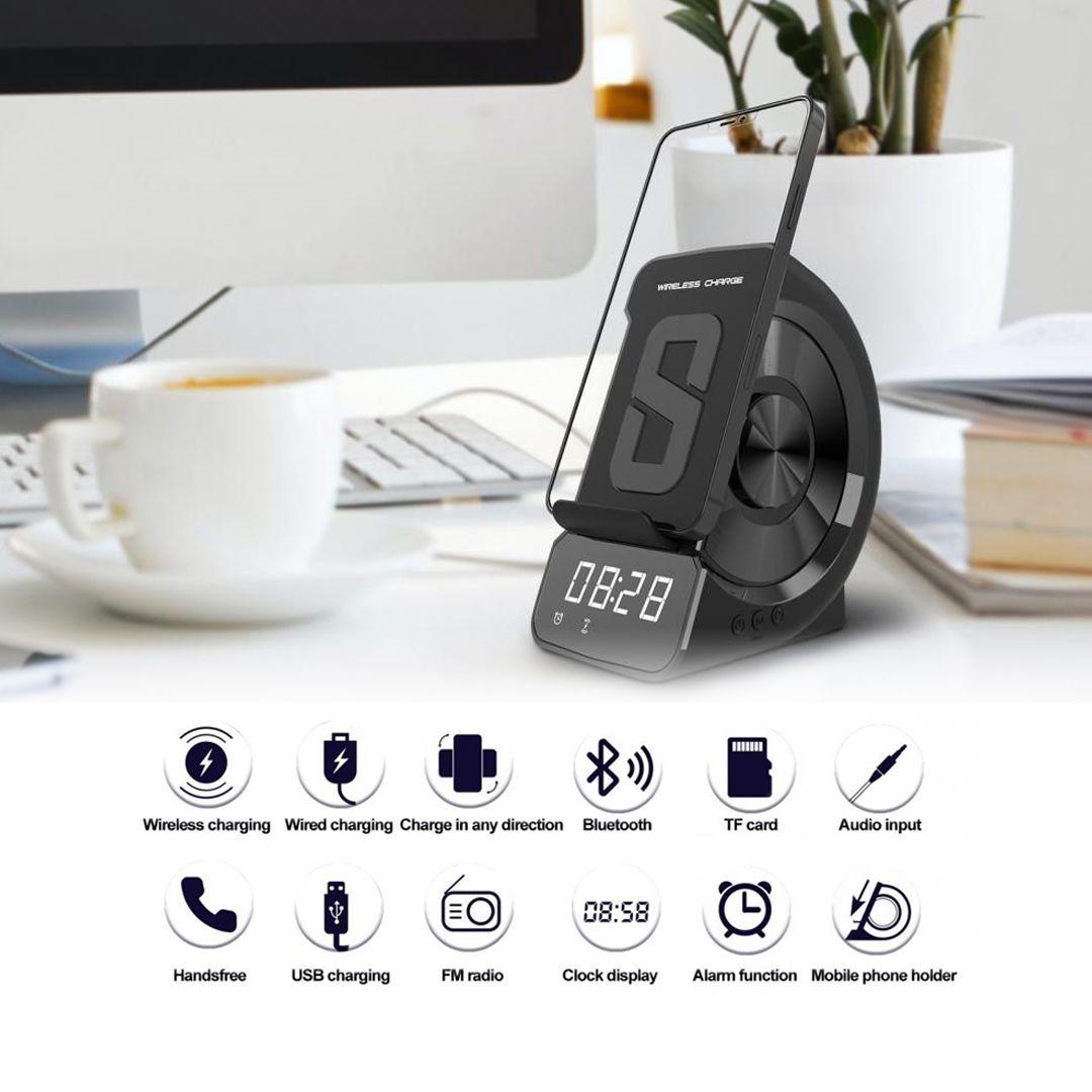 شاحن لاسلكي WD-200 متعدد الوظائف مع سماعة بلوتوث وساعة منبه وشاشة ديجيتال LED