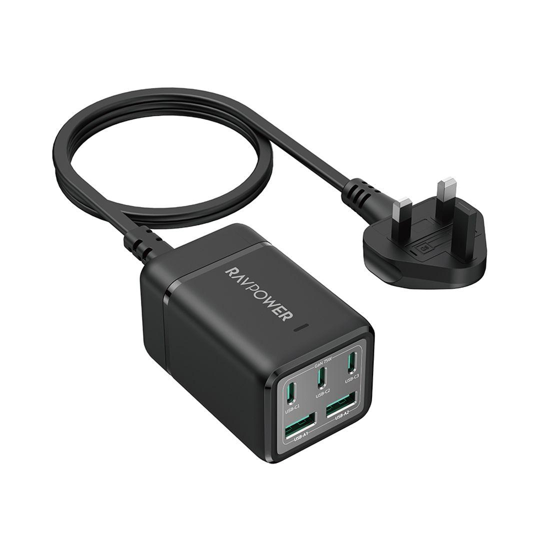 مشترك كهرباء RAVPOWER RP-PC1045 بقوة 75 واط  للشحن السريع مع 3 منافذ Type C ومنفذين USB ومنفذ كهرباء