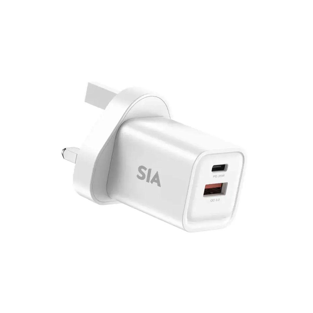 شاحن SIA VoltBase GaN  قوة 35W بمنفذين Type-C + USB-A يدعم PD/PPS/QC تصميم مدمج بخفة وأداء قوي