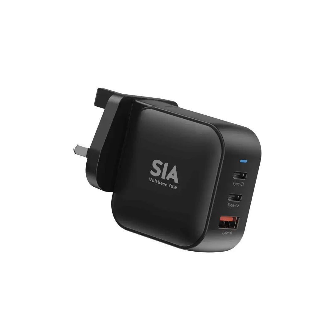 شاحن SIA VoltBase GaN بقوة 70 واط ثلاث منافذ ذكية ( منفذين Type C + منفذ USB-A )