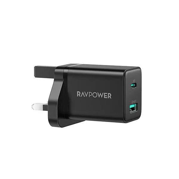 شاحن حائط راف باور شحن سريع بقوة 30 واط مع منفذ USB-C PD + منفذ USB-A