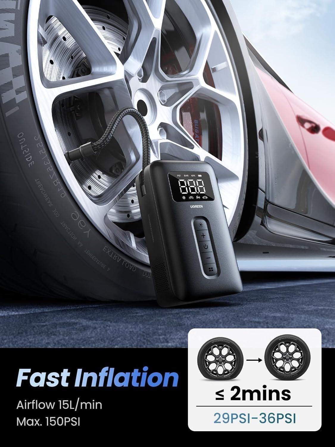 منفاخ إطارات متنقل UGREEN ببطارية 2500mAh وضغط هواء حتى 150PSI