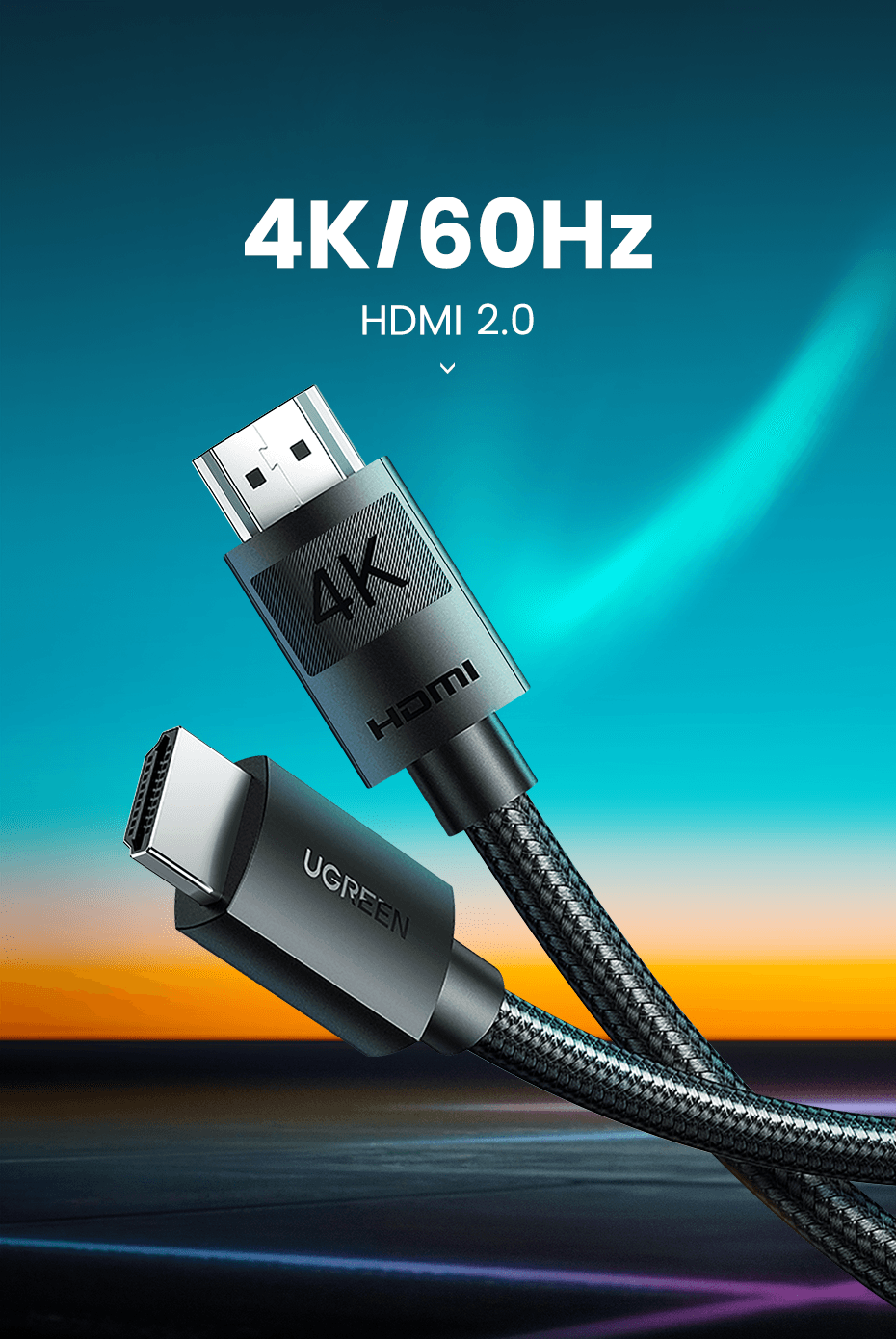 كابل HDMI 4K من UGREEN، ذكر إلى ذكر، مضفر بطول 2 متر