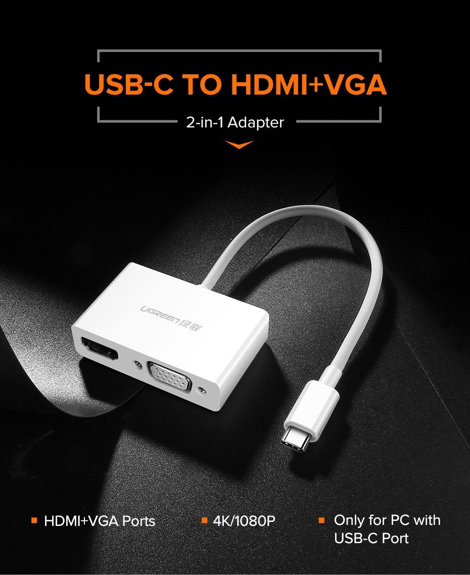 محول USB-C الى HDMI + VGA من يوجرين (ابيض)، عدد المنافذ: 2