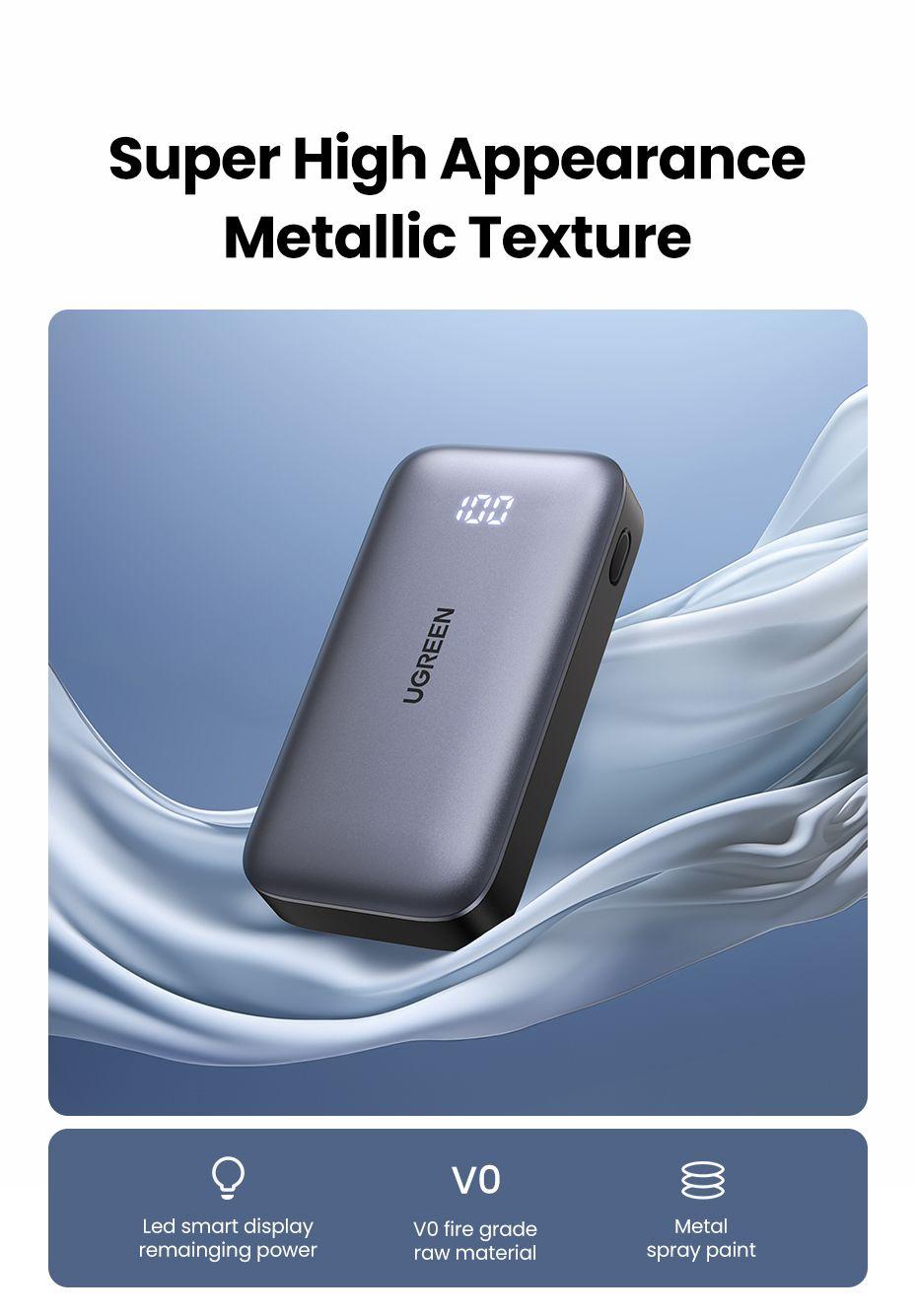 باور بانك يوجرين 30 واط 10000mAh – شاحن محمول USB-C سريع مع كيبل 0.5 متر، شاشة رقمية، بطارية خارجية
