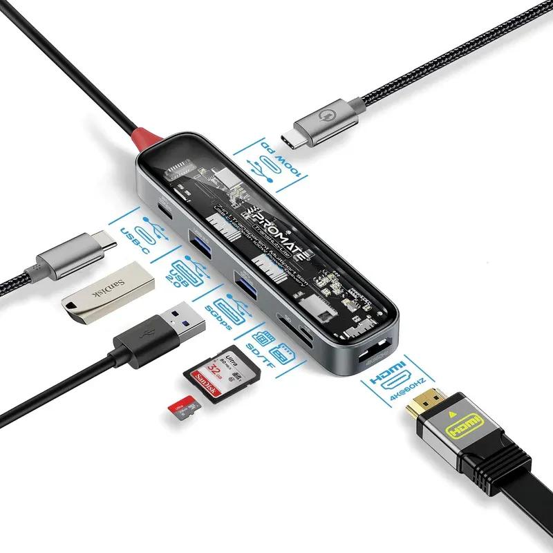 موزع USB-C شفاف متعدد المنافذ 7 في 1 رفيع مع توصيل طاقة 100 وات