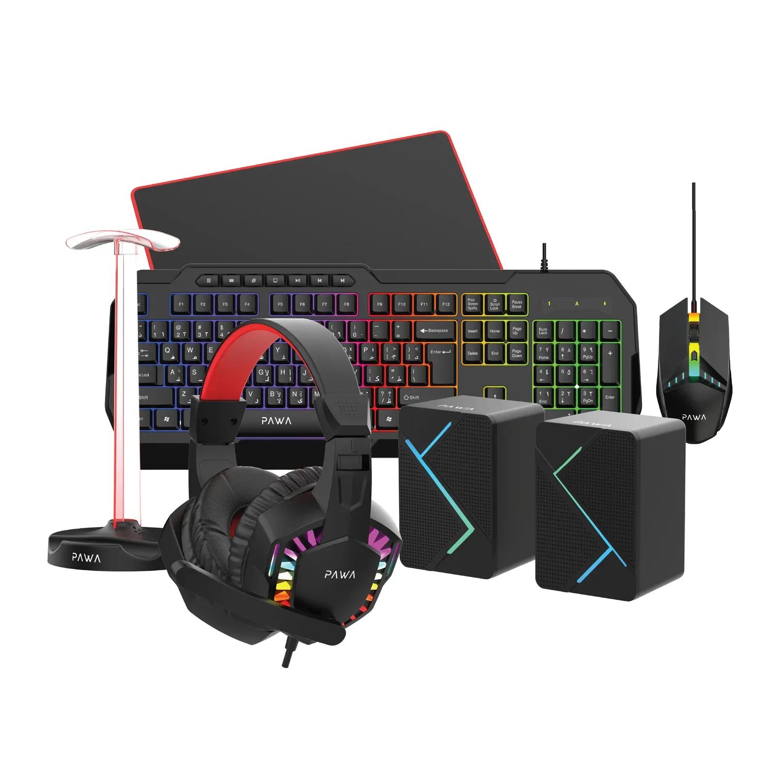 طقم جيمنج RGB من بورودو بصوت HD يشمل كيبورد وماوس وسماعة وسبيكر وملحقات الألعاب