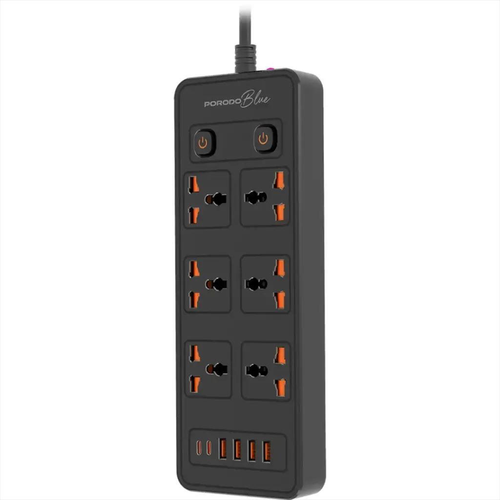 Porodo PB-FWCH033-BK Blue 6 AC Power Distributor with Dual Switch, 3000W