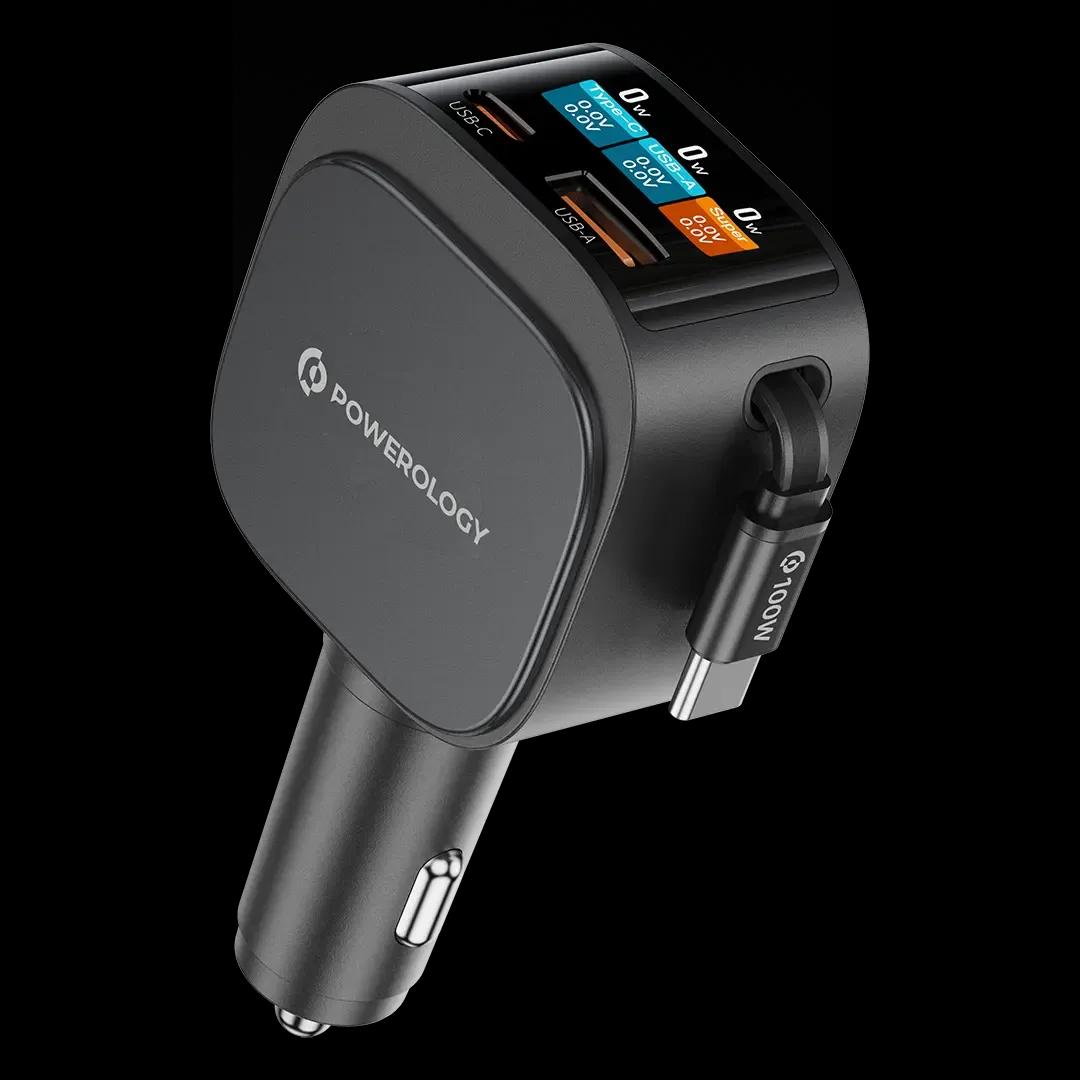 Powerology PCCSR028BK VoltMax 130W Pro Fast Car Charger with Retractable Cable