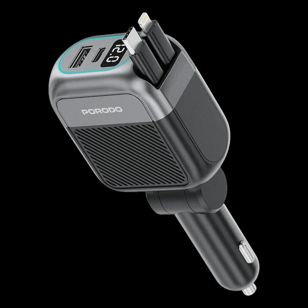 Porodo PDCCR33BK Spider Multi-Port USB Car Charger with USB-C to USB-C & Lightning Cable