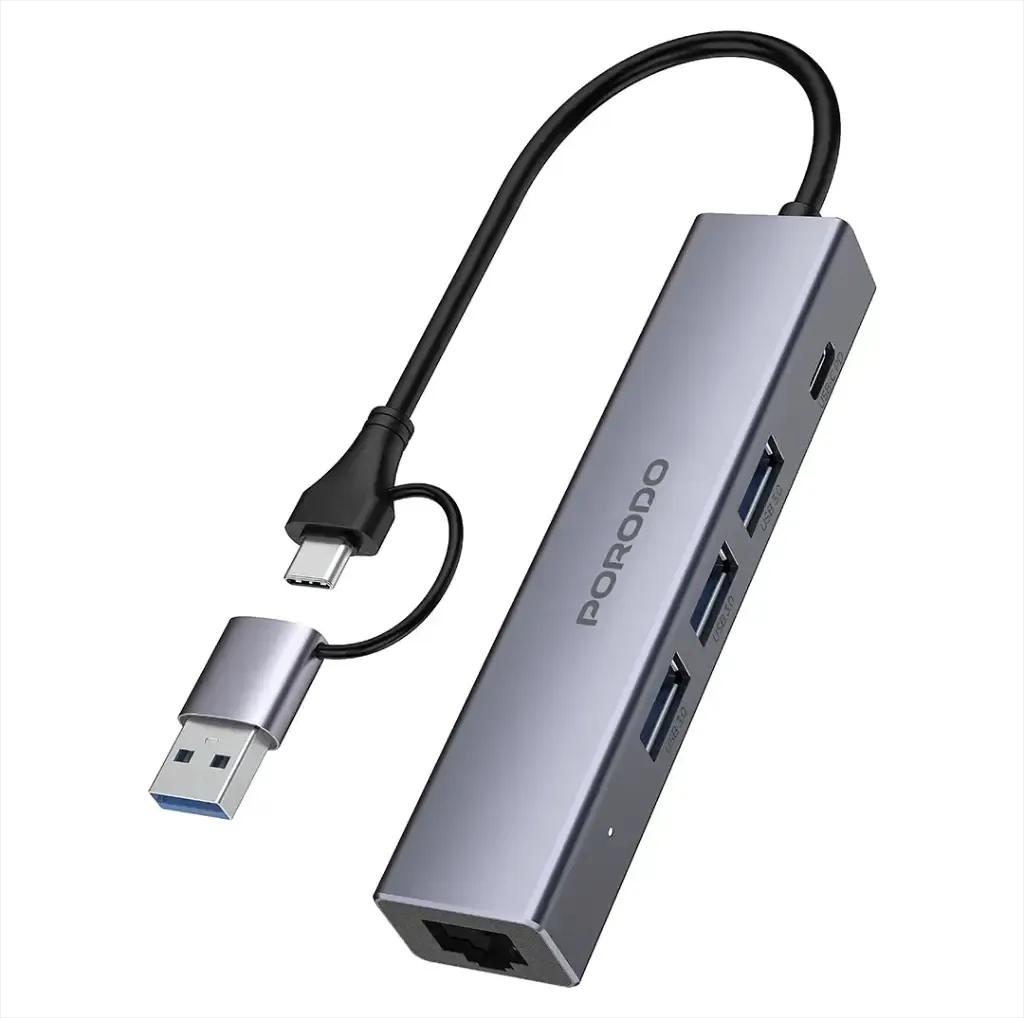 موزع بورودو متعدد المنافذ 5 في 1 مع منافذ RJ45 وUSB-C وثلاثة منافذ USB 3.0