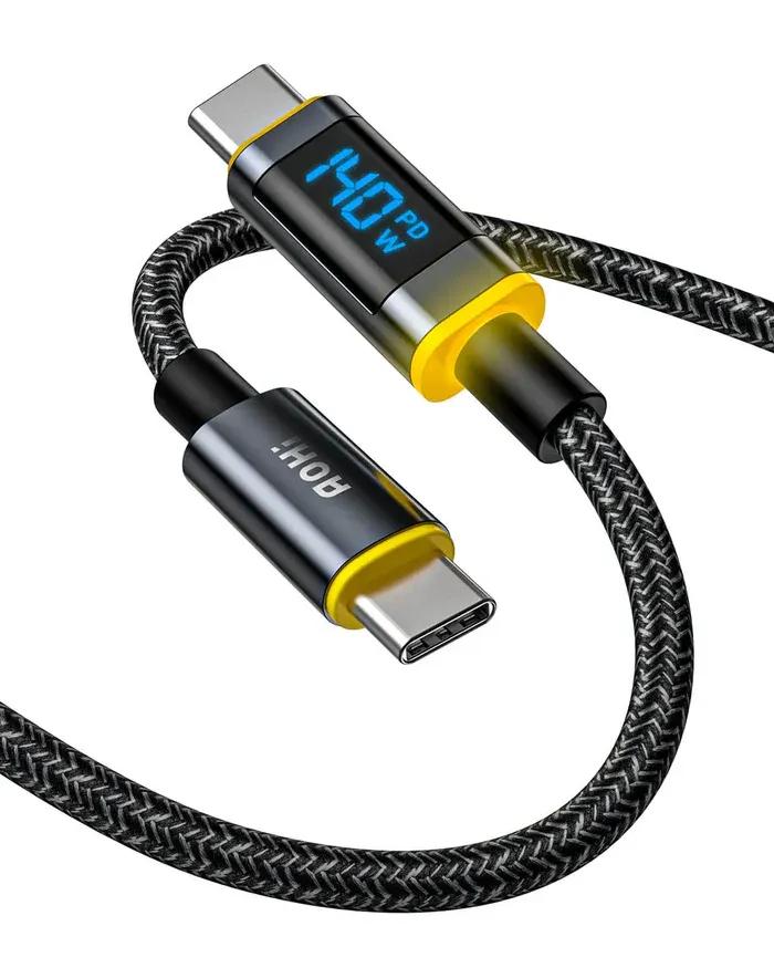 كابل AOHI شحن سريع بقدرة 240 واط مصنوع من النايلون، مزود بمنفذ USB-C إلى منفذ USB-C وشاشة عرض ديجيتال LED