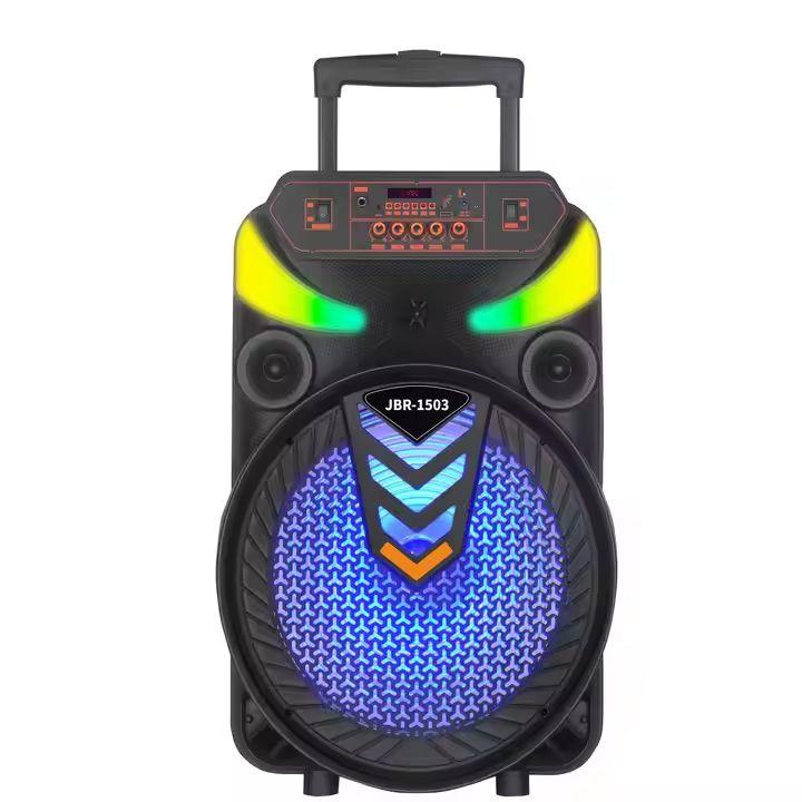 مكبر صوت بلوتوث JBR-1503 بعجلات وميكروفون لاسلكي، ومكبر صوت جهير RGB مقاس 15 بوصة